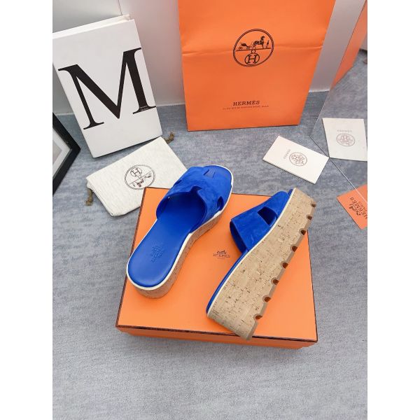HERM Eze 30 Cork Platform Sandals in Blue Suede Leather
