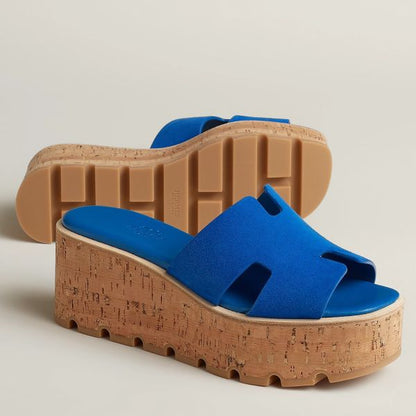 HERM Eze 30 Cork Platform Sandals in Blue Suede Leather