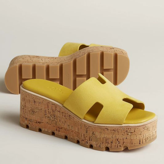 HERM Eze 30 Cork Platform Sandals in Yellow Suede Leather