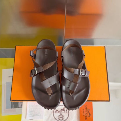 HERM Inboard Sandals in Burgundy Leather and Ribbon