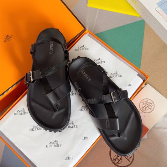 HERM Inboard Sandals in Black Leather and Ribbon