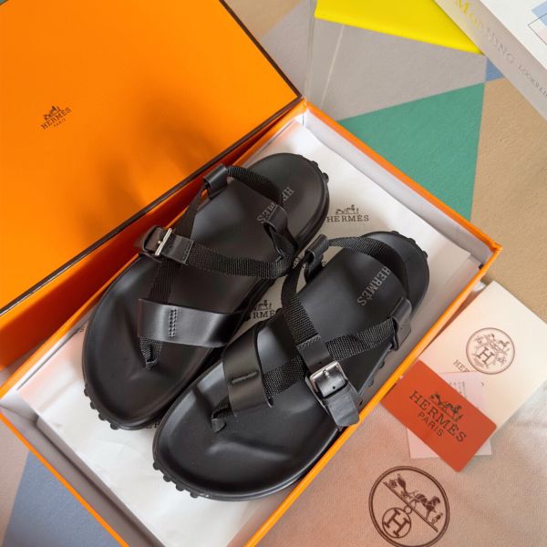 HERM Inboard Sandals in Black Leather and Ribbon