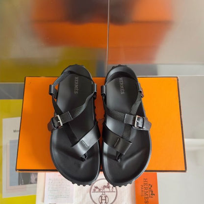 HERM Inboard Sandals in Black Leather and Ribbon