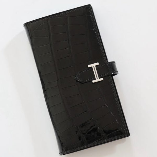 HERM Bearn Long Wallet in Black Shiny Alligator Leather