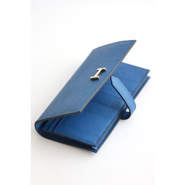 HERM Bearn Long Handmade Wallet in Blue France Epsom Calfskin