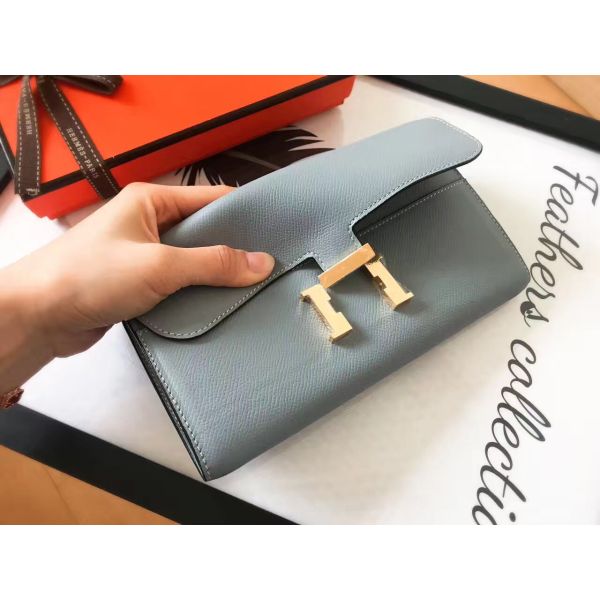 HERM Constance Long Wallet In Blue Lin Epsom Leather