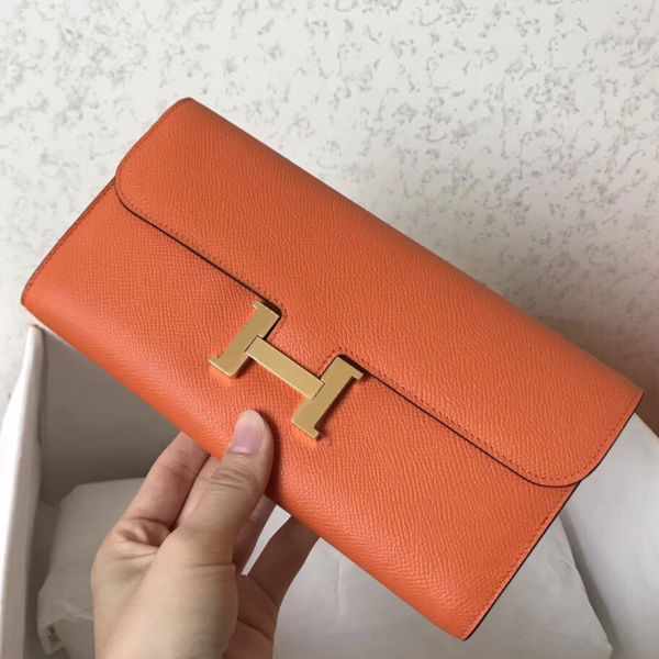 HERM Constance Long Wallet In Orange Epsom Leather