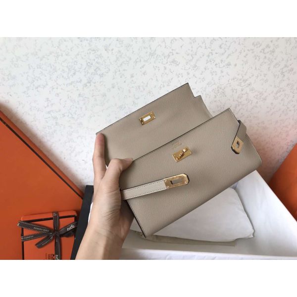 HERM Kelly Classic Long Wallet In Grey Epsom Leather