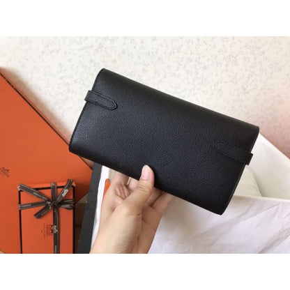 HERM Kelly Classic Long Wallet In Black Epsom Leather