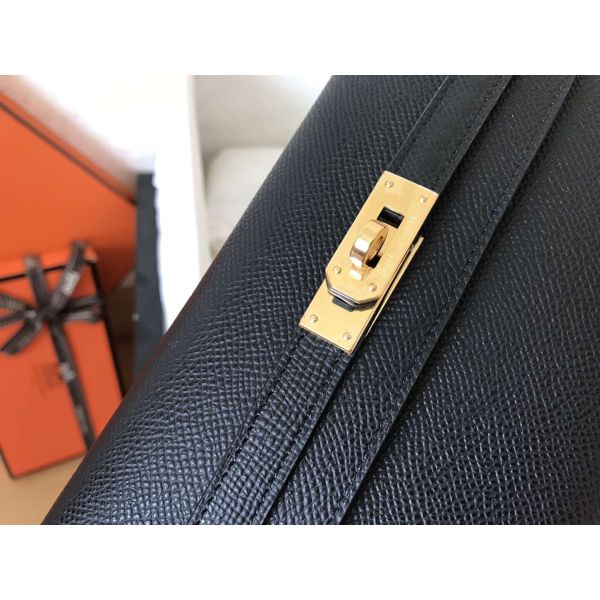HERM Kelly Classic Long Wallet In Black Epsom Leather