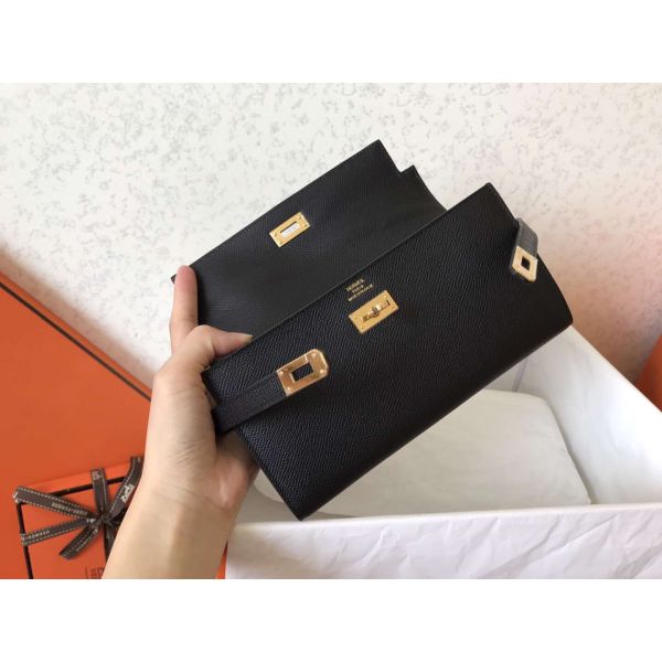 HERM Kelly Classic Long Wallet In Black Epsom Leather