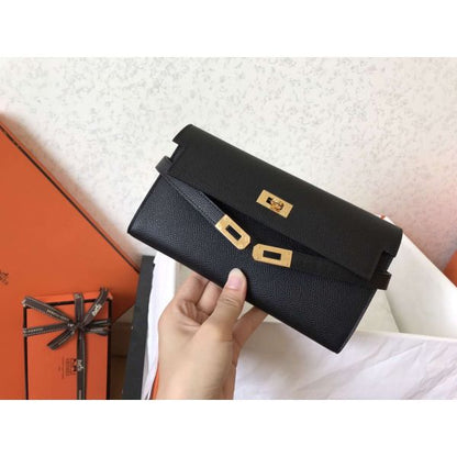 HERM Kelly Classic Long Wallet In Black Epsom Leather