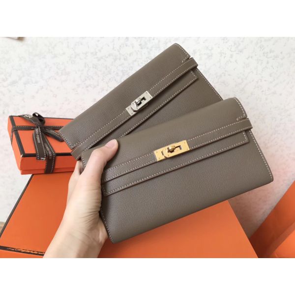 HERM Kelly Classic Long Wallet In Taupe Epsom Leather