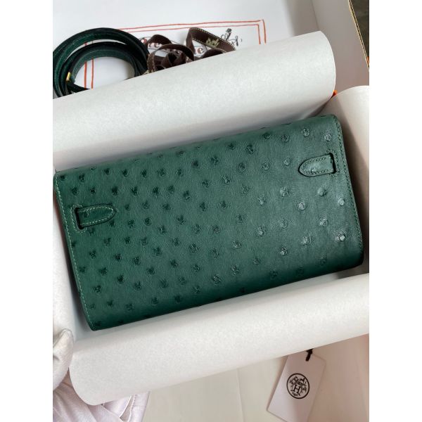HERM Kelly Classique To Go Wallet in Malachite Ostrich Leather