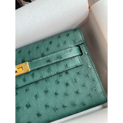 HERM Kelly Classique To Go Wallet in Malachite Ostrich Leather