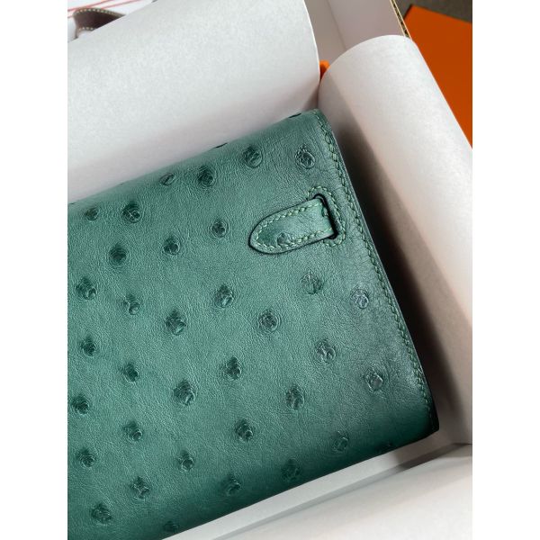 HERM Kelly Classique To Go Wallet in Malachite Ostrich Leather