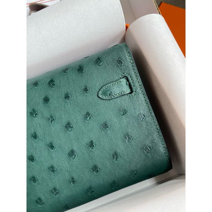 HERM Kelly Classique To Go Wallet in Malachite Ostrich Leather