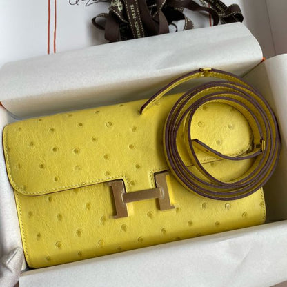 HERM Constance To Go Wallet in Lime Ostrich Leather