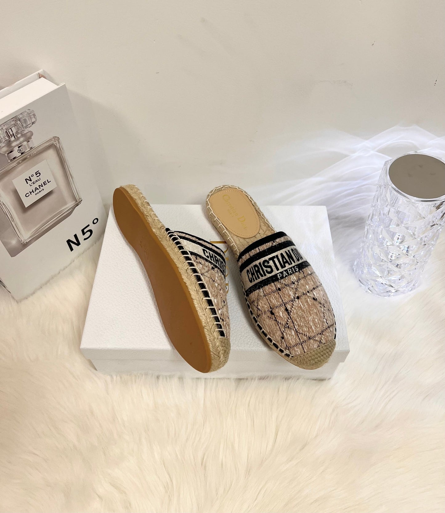 GRANVILLE ESPADRILLE CAMEL BEIGE OBLIQUE EMBROIDERED COTTON MULE