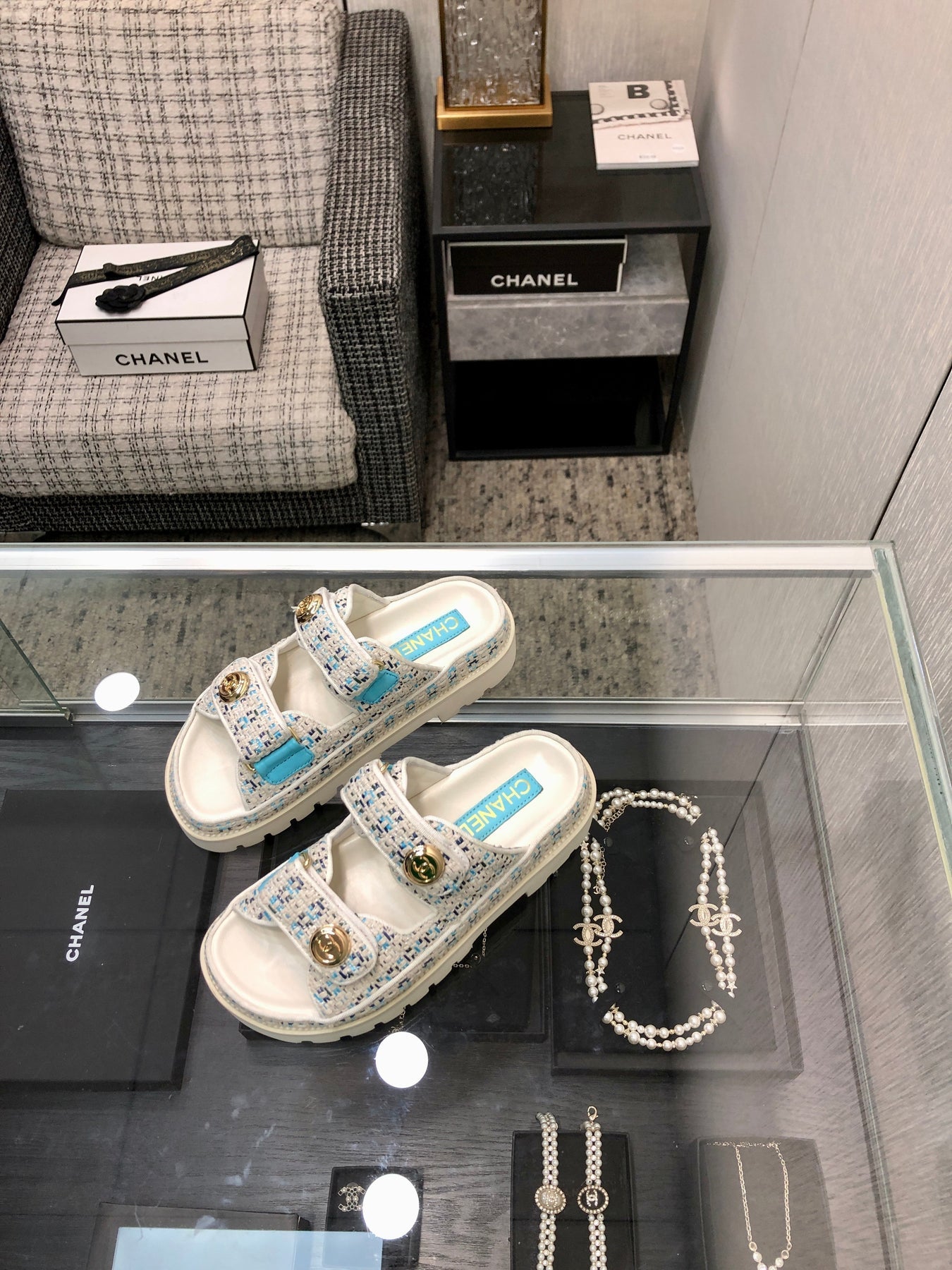 DAD SANDAL MULE IN WHITE MIX LIGHT BLUE TWEED FABRIC