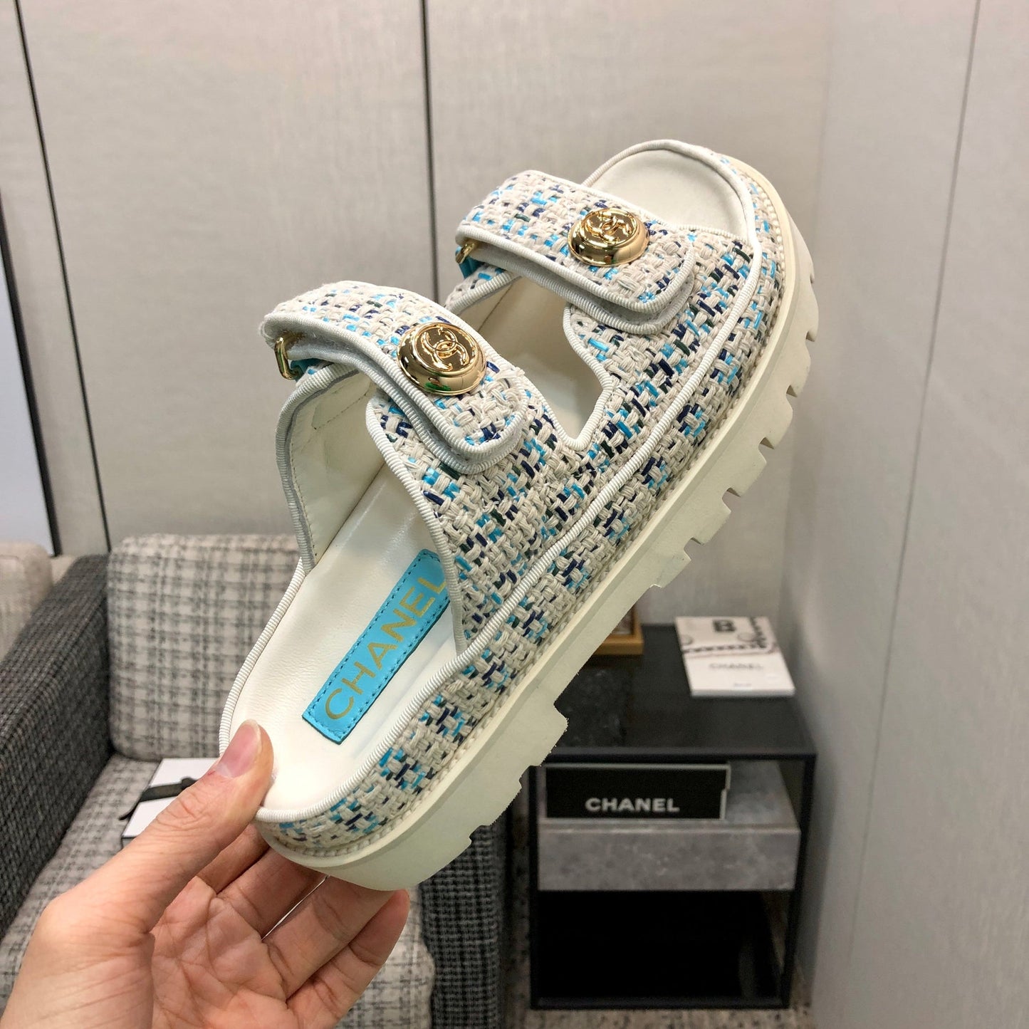 DAD SANDAL MULE IN WHITE MIX LIGHT BLUE TWEED FABRIC