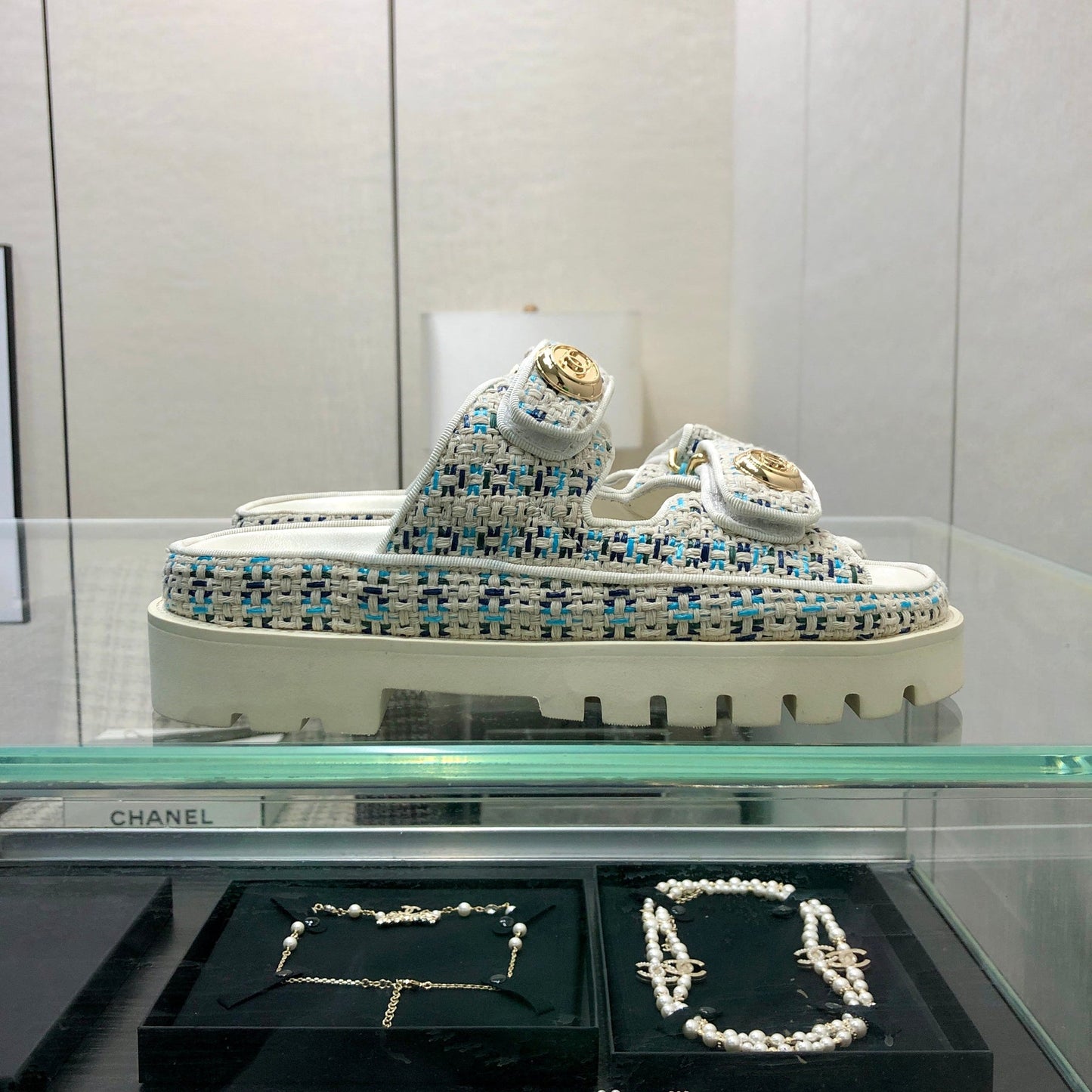 DAD SANDAL MULE IN WHITE MIX LIGHT BLUE TWEED FABRIC