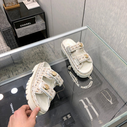 DAD SANDAL MULE IN WHITE MIX LIGHT GOLD TWEED FABRIC