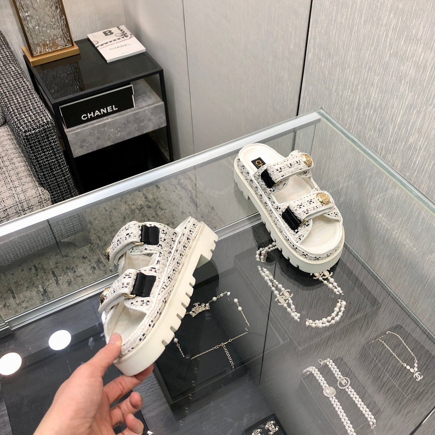 DAD SANDAL MULE IN WHITE MIX BLACK TWEED FABRIC