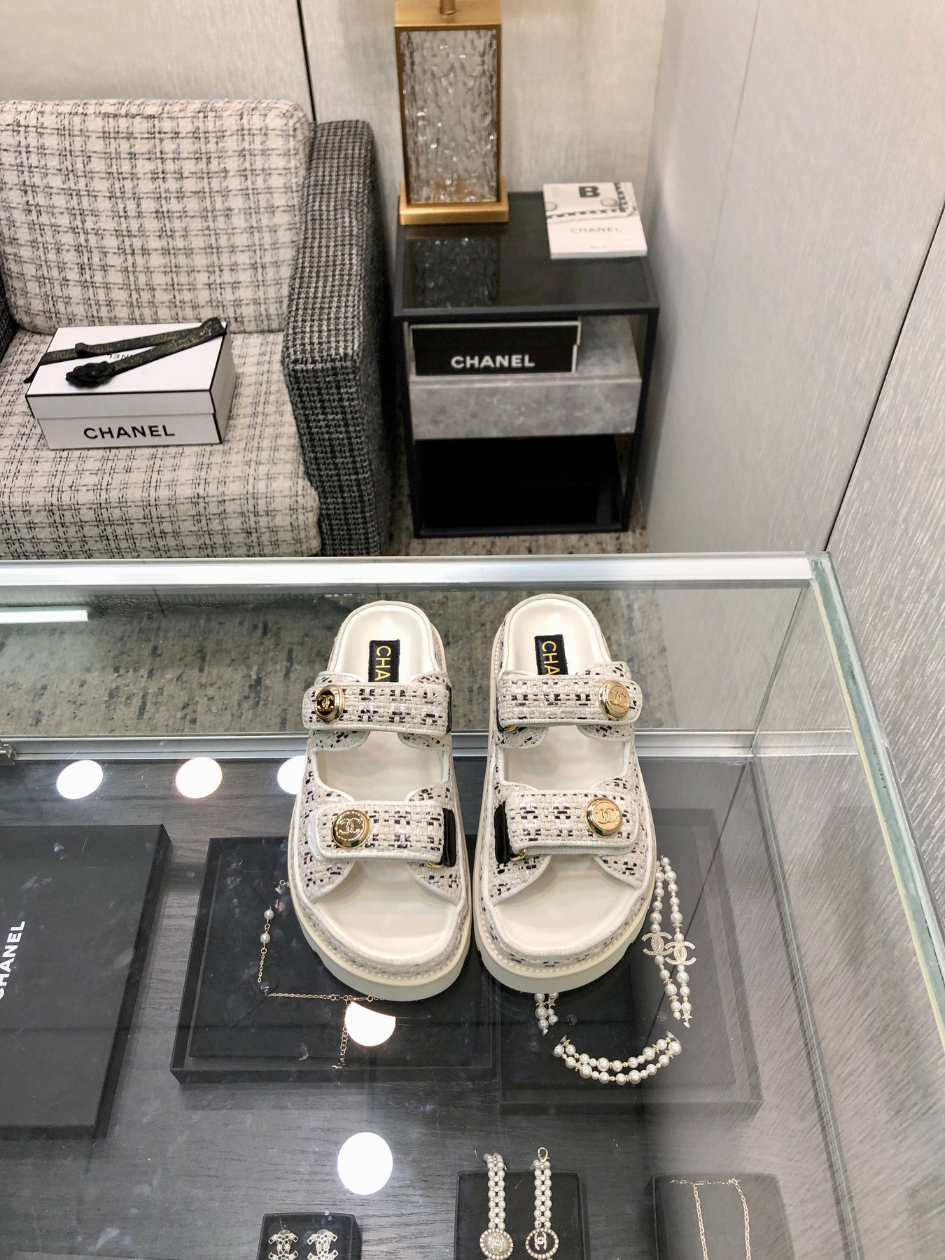 DAD SANDAL MULE IN WHITE MIX BLACK TWEED FABRIC