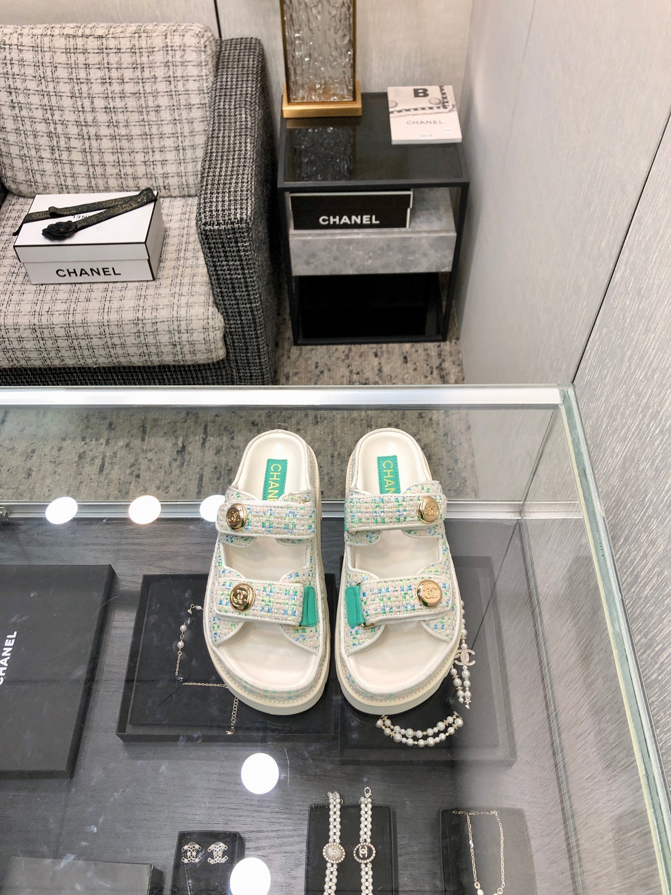 DAD SANDAL MULE IN WHITE MIX PERSIAN GREEN TWEED FABRIC