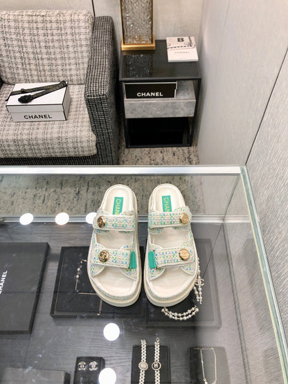 DAD SANDAL MULE IN WHITE MIX PERSIAN GREEN TWEED FABRIC