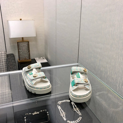 DAD SANDAL MULE IN WHITE MIX PERSIAN GREEN TWEED FABRIC