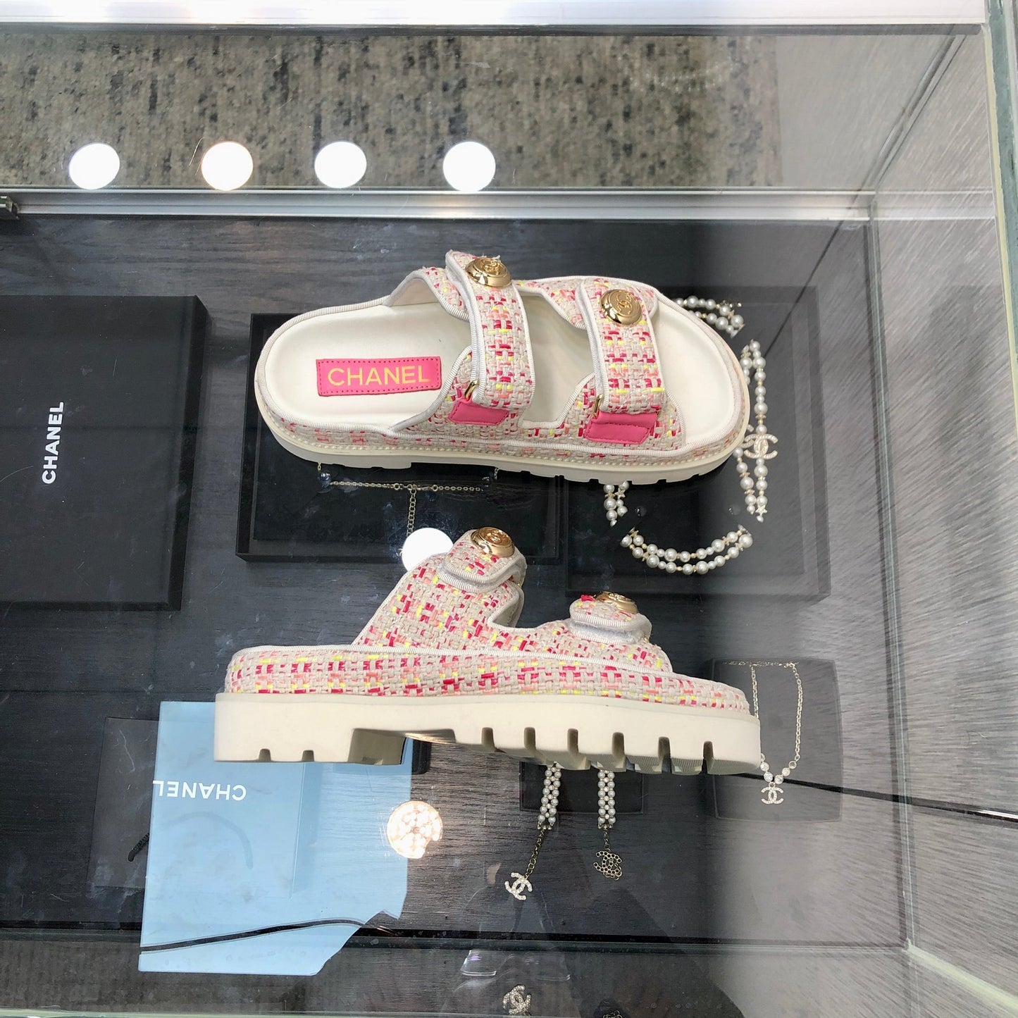 DAD SANDAL MULE IN WHITE MIX BRIGHT PINK TWEED FABRIC