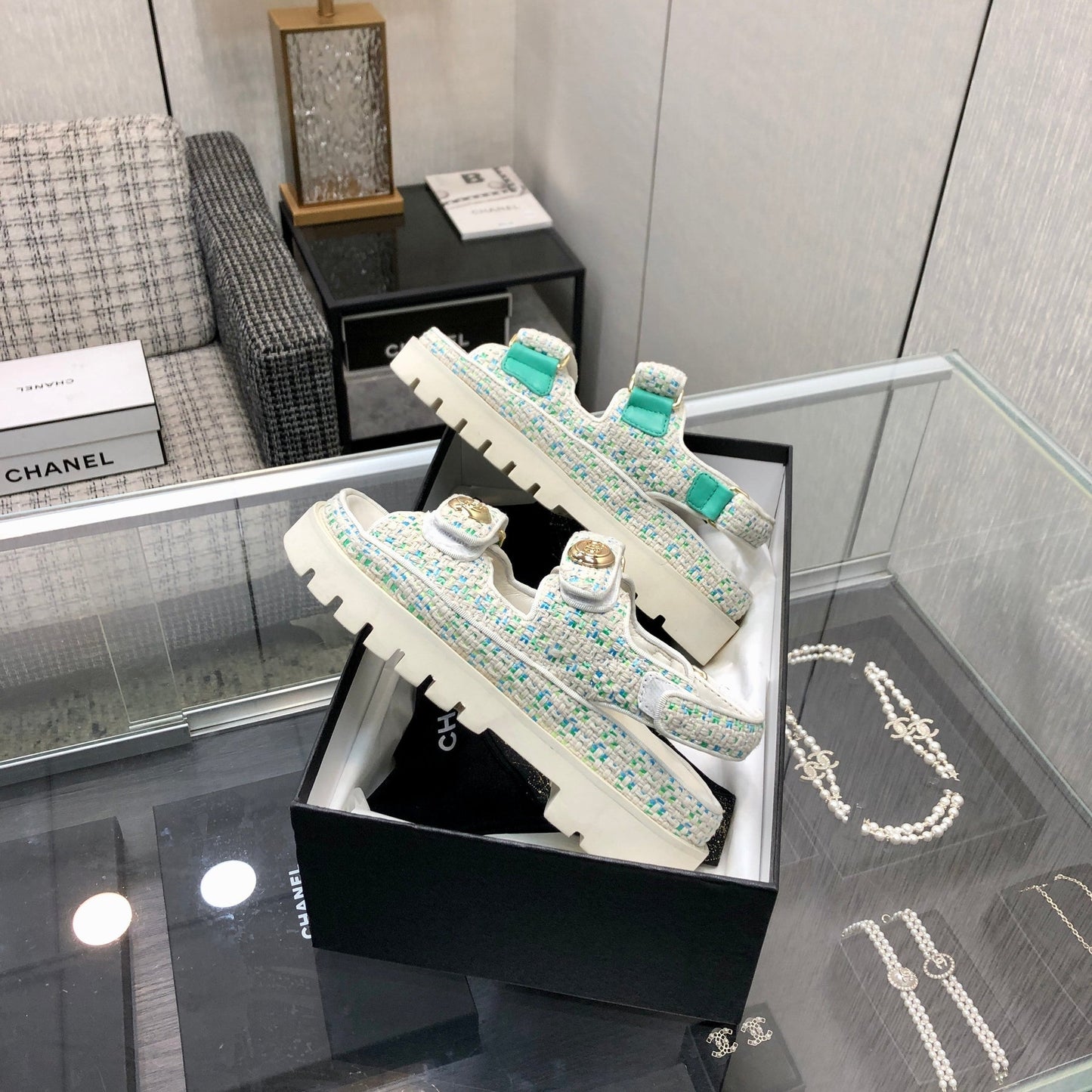 DAD SANDAL IN WHITE MIX PERSIAN GREEN TWEED FABRIC