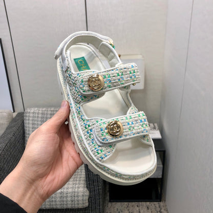 DAD SANDAL IN WHITE MIX PERSIAN GREEN TWEED FABRIC