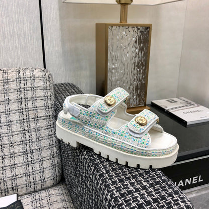 DAD SANDAL IN WHITE MIX PERSIAN GREEN TWEED FABRIC