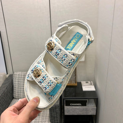 DAD SANDAL IN WHITE MIX LIGHT BLUE TWEED FABRIC