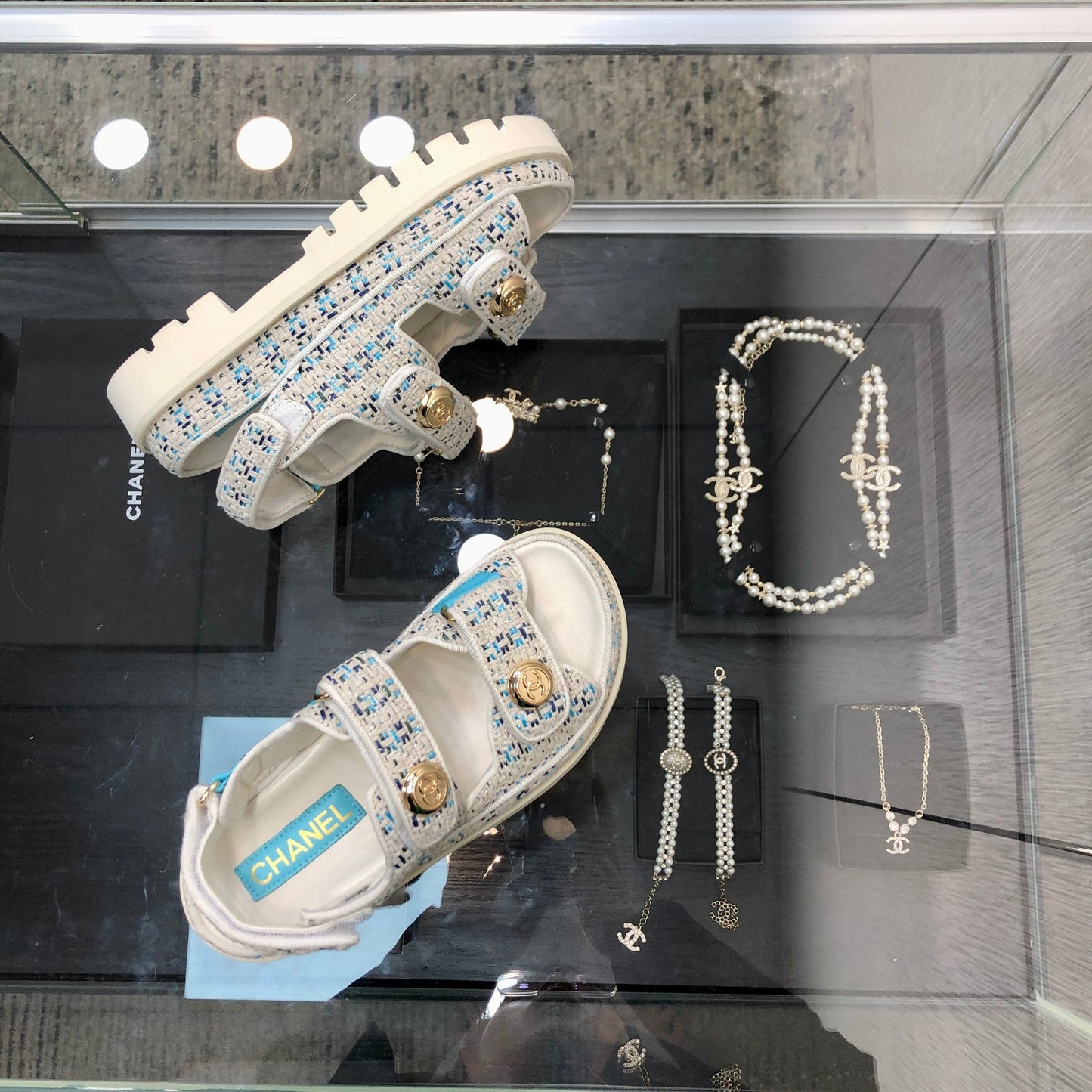 DAD SANDAL IN WHITE MIX LIGHT BLUE TWEED FABRIC