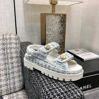 DAD SANDAL IN WHITE MIX LIGHT BLUE TWEED FABRIC