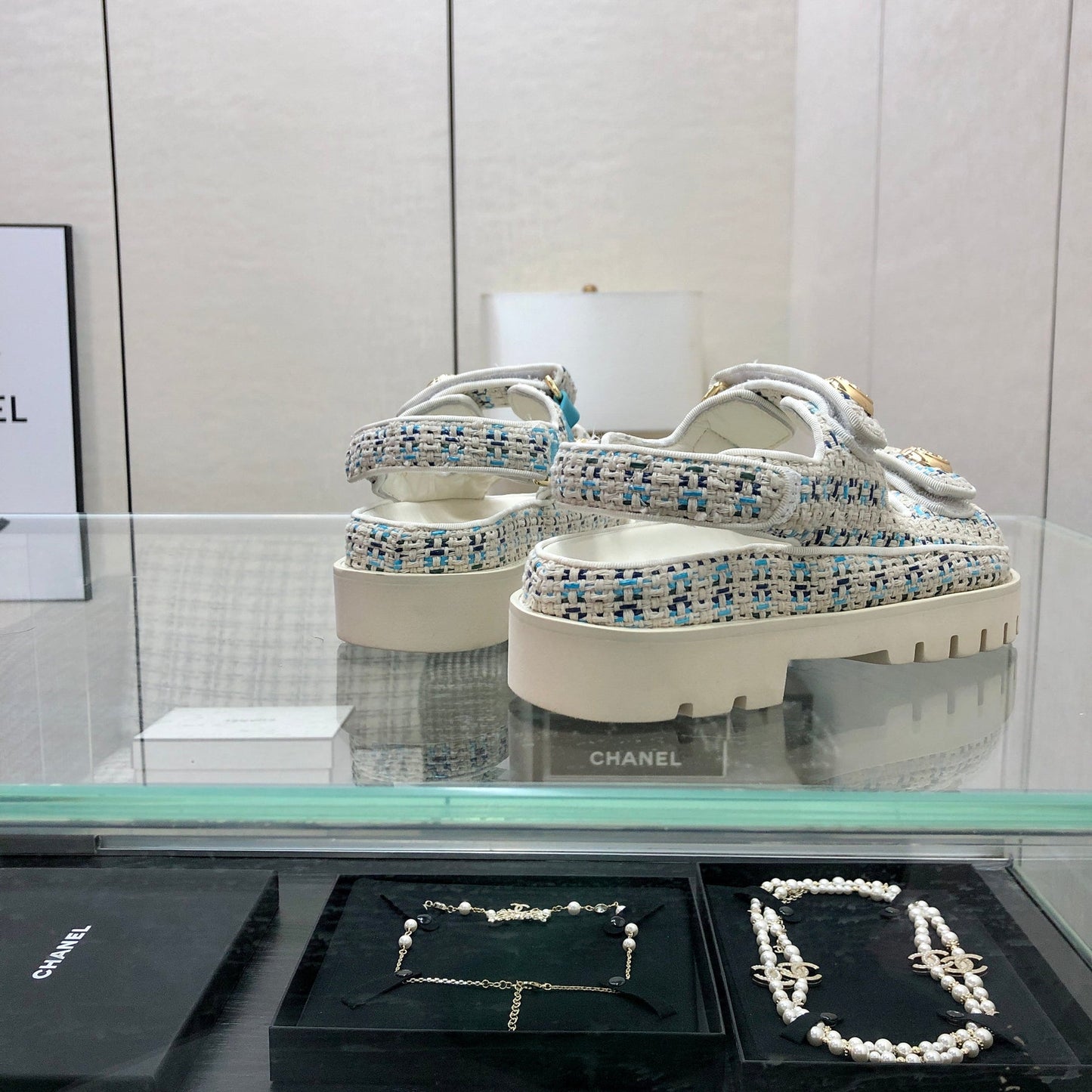 DAD SANDAL IN WHITE MIX LIGHT BLUE TWEED FABRIC