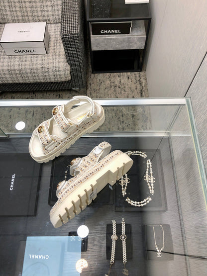 DAD SANDAL IN WHITE MIX LIGHT GOLD TWEED FABRIC
