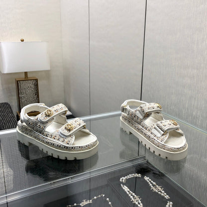 DAD SANDAL IN WHITE MIX LIGHT GOLD TWEED FABRIC