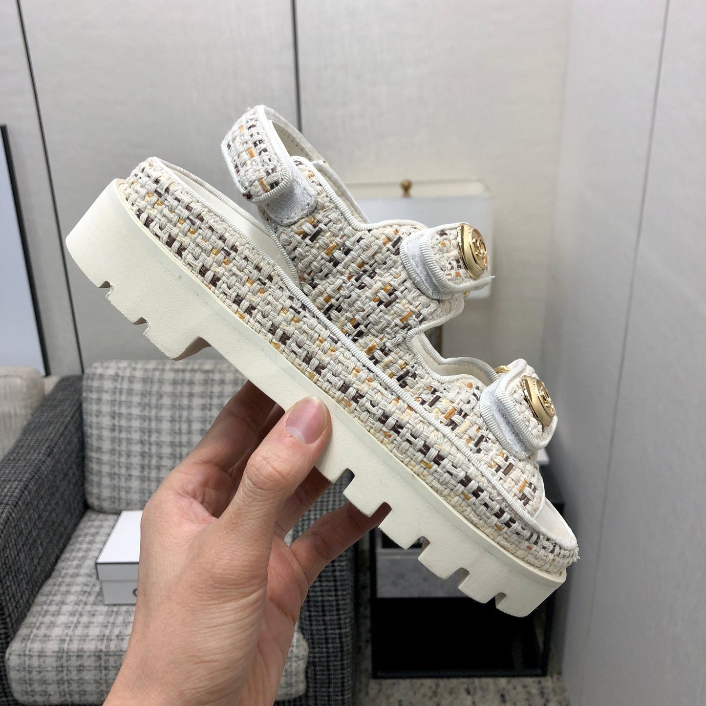 DAD SANDAL IN WHITE MIX LIGHT GOLD TWEED FABRIC