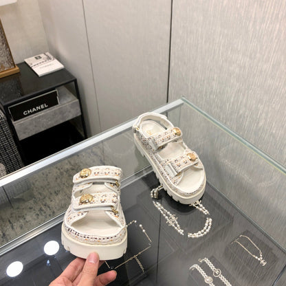 DAD SANDAL IN WHITE MIX LIGHT GOLD TWEED FABRIC