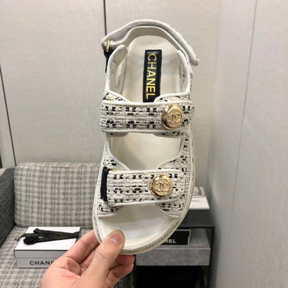 DAD SANDAL IN WHITE MIX BLACK TWEED FABRIC