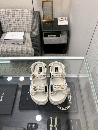 DAD SANDAL IN WHITE MIX BLACK TWEED FABRIC