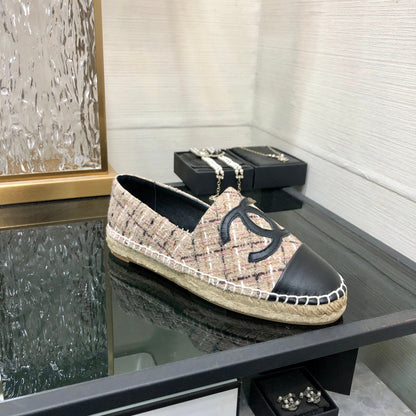 ESPADRILLE CAMEL BEIGE TWEED FABRIC AND BLACK CALFSKIN FLATS