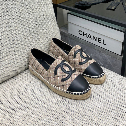 ESPADRILLE CAMEL BEIGE TWEED FABRIC AND BLACK CALFSKIN FLATS