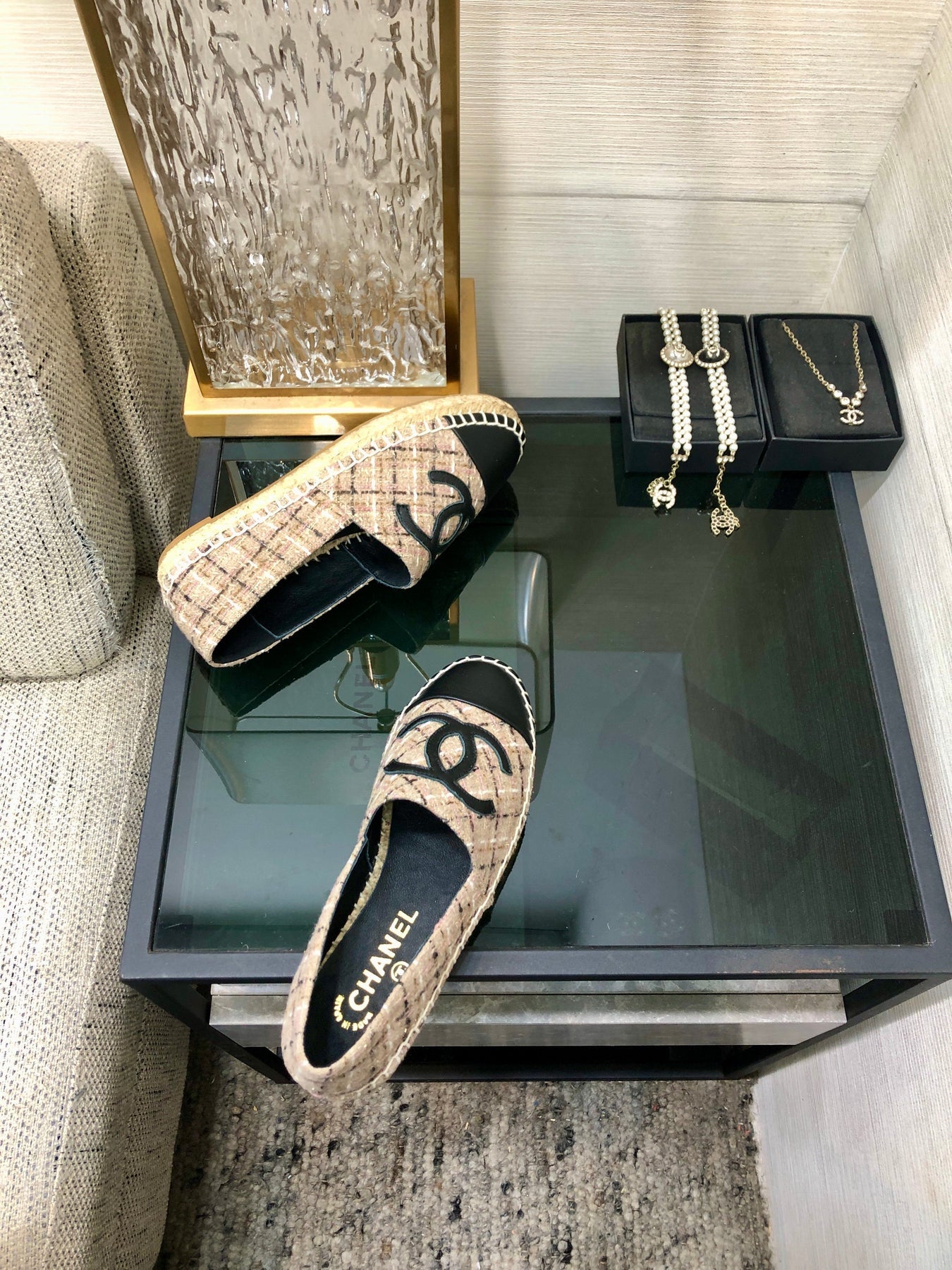 ESPADRILLE CAMEL BEIGE TWEED FABRIC AND BLACK CALFSKIN FLATS