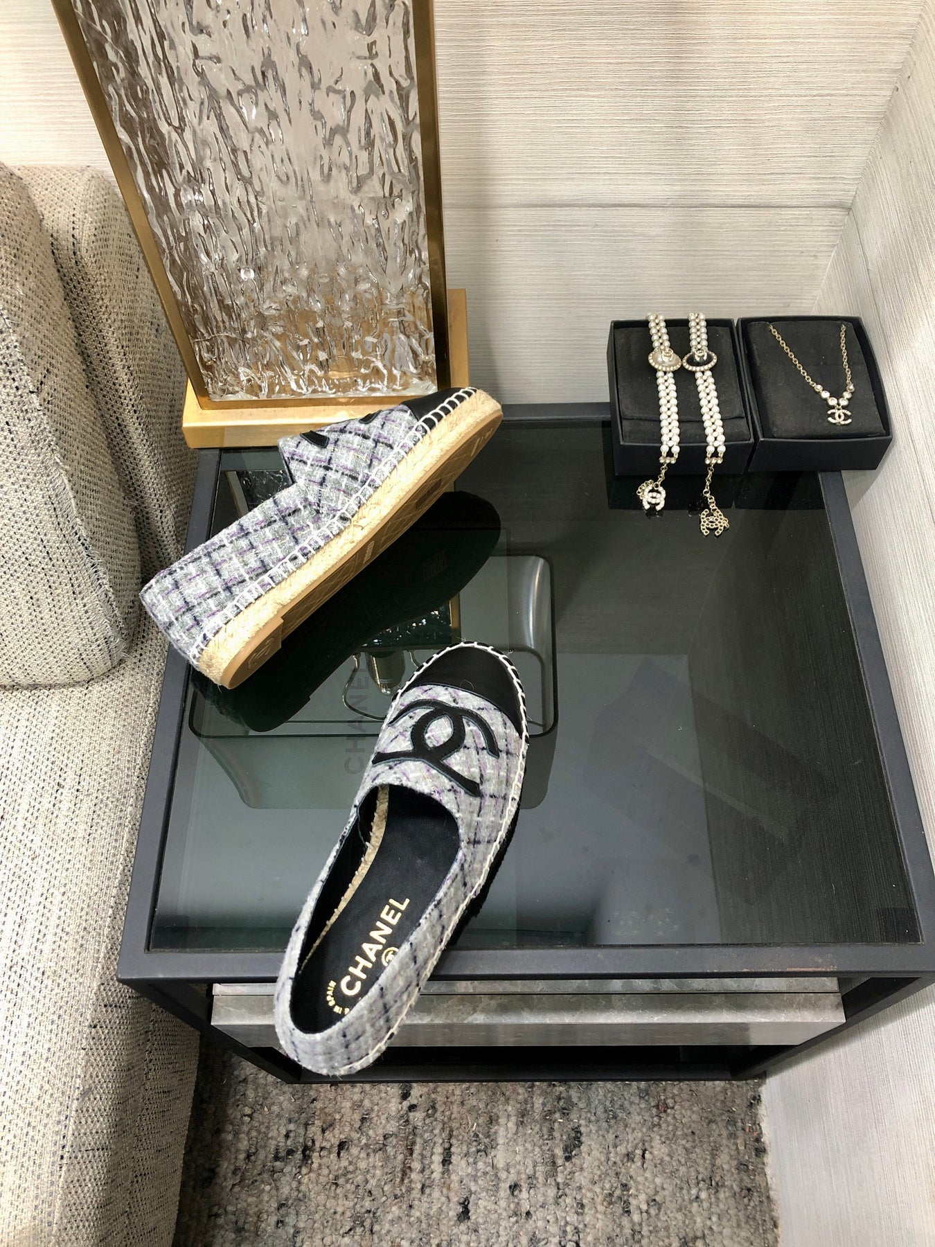 ESPADRILLE COLORFUL TWEED FABRIC AND BLACK CALFSKIN FLATS